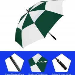 Windproof Golf Umbrellas|Golf Umbrellas-Umbrella Heaven Premium Green & White Golf Umbrella – Vented – Windproof – Auto-Open